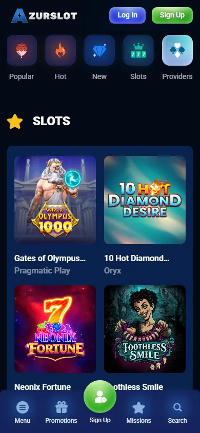 Azurslot Casino mobile lobby with live casino, table games and lottery options