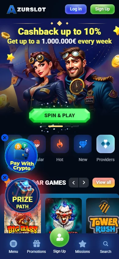 Azurslot Casino mobile pokies lobby with game categories and provider titles