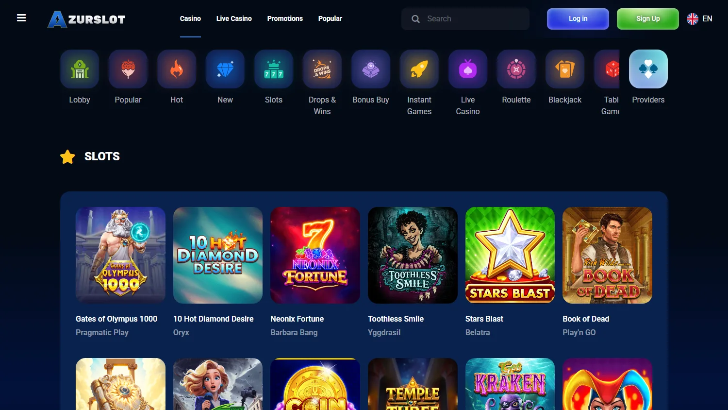 Azurslot Casino desktop lobby with live tables, table games and lottery categories