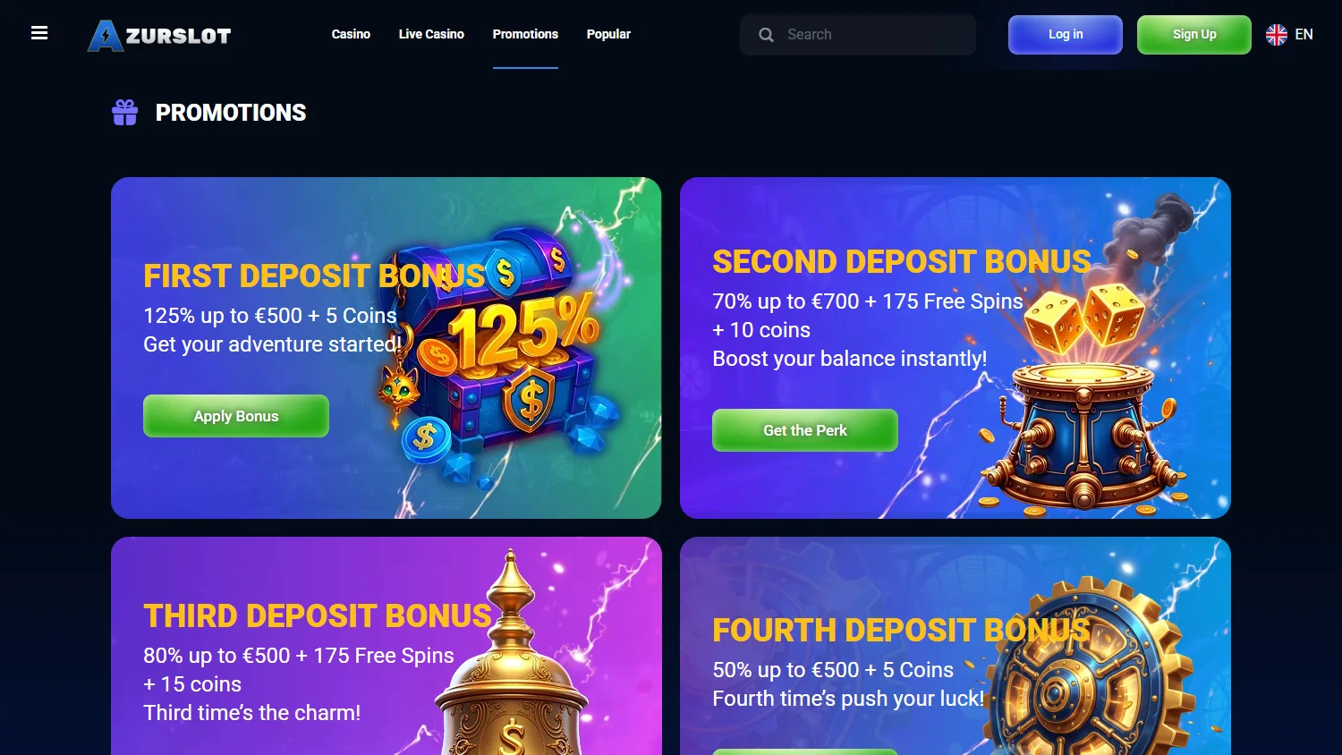 Azurslot Casino desktop promotions area with welcome, cashback and tournament offers