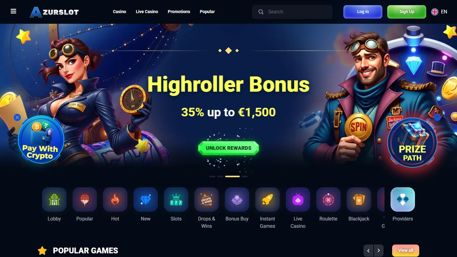 Azurslot Casino desktop pokies lobby with popular, new and bonus-buy categories