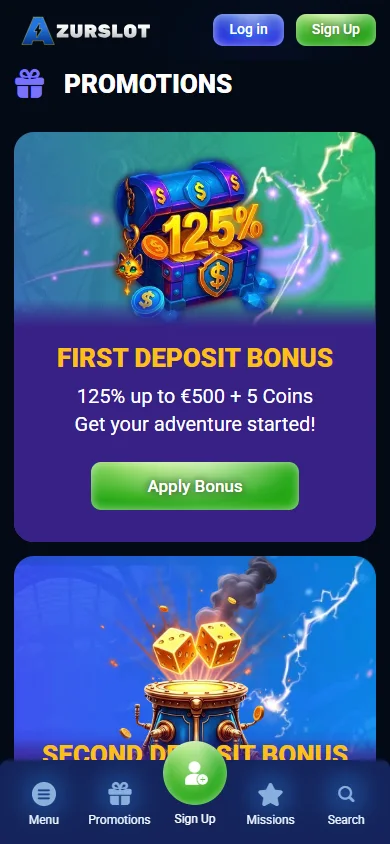 Azurslot Casino mobile promotions area with deposit bonuses and loyalty rewards